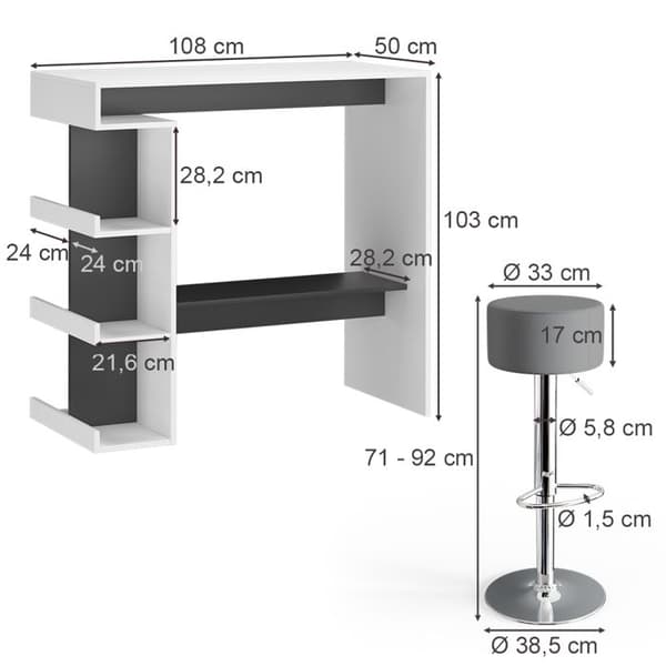 Vicco Dana barbordsset, vitt, 108 x 50 cm med 2 barstolar