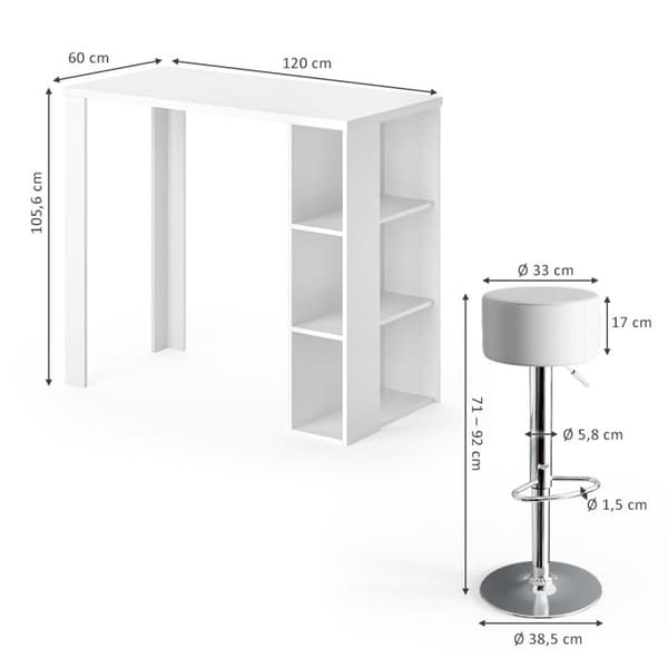 Vicco Noel barbordsset, Vit, 120 x 60 cm med 2 barstolar