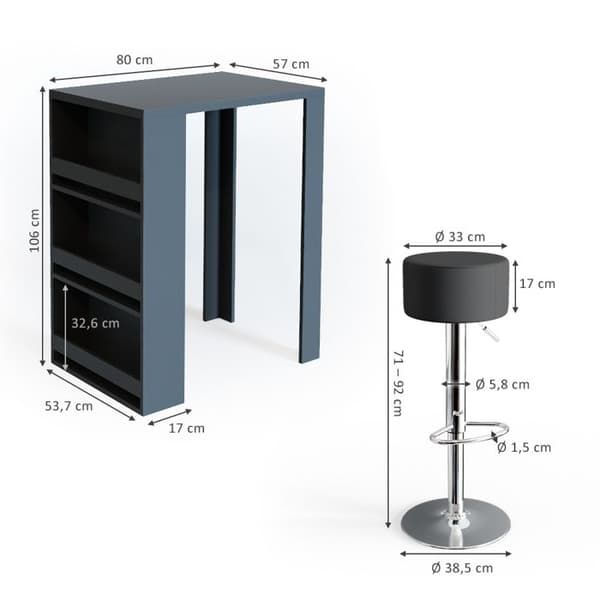 Vicco Barbordsset, antracit, 80 x 57 cm med 2 barstolar