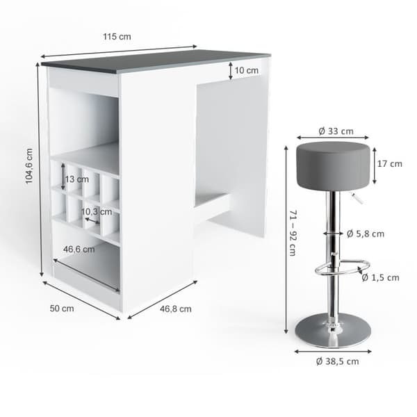 Vicco Ross barbordsset, vit/antracit, 115 x 50 cm med 2 barstolar
