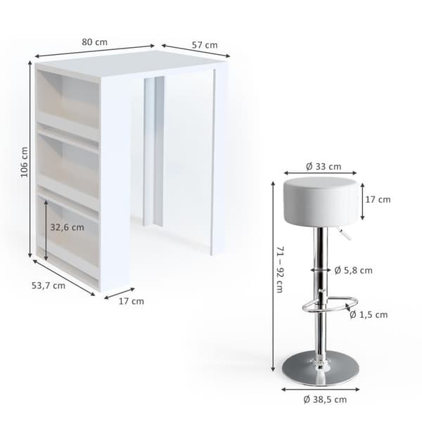 Vicco Bar bordsset, Vit, 80 x 57 cm med 2 barstolar