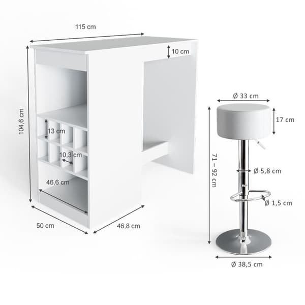 Vicco Ross barbordsset, Vit, 115 x 50 cm med 2 barstolar