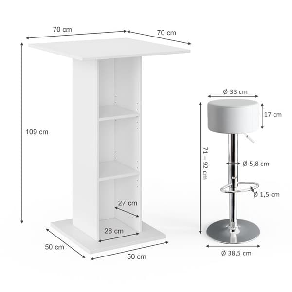 Vicco Rodeo Barbordsset, Vit, 70 x 70 cm med 2 barstolar