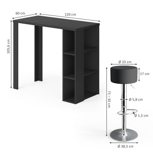 Vicco Noel barbordsset, Svart, 120 x 60 cm med 2 barstolar