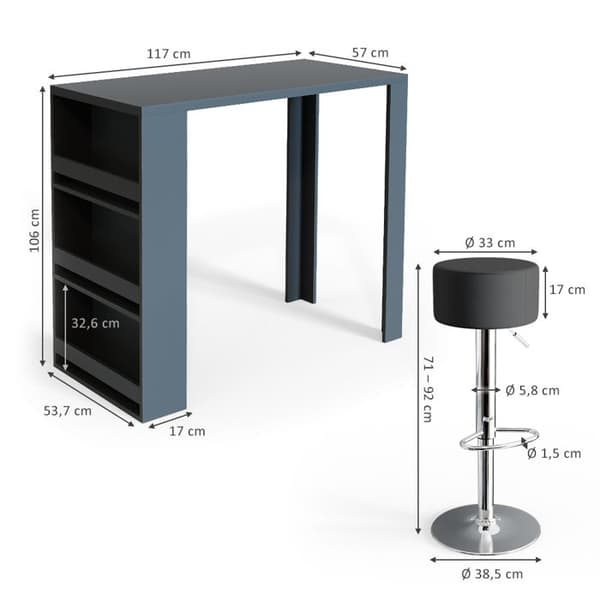 Vicco Barbordsset, antracit, 117 x 57 cm med 2 barstolar