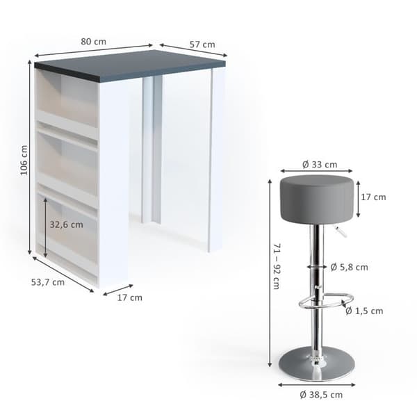 Vicco Bar bordsset, vit/antracit, 80 x 57 cm med 2 barstolar