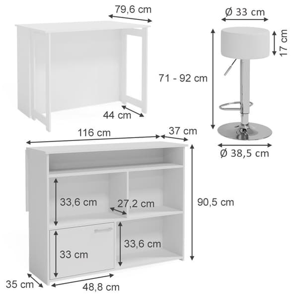 Vicco Dominic Barbordsset, Vit, 116 x 37 cm med 2 barstolar