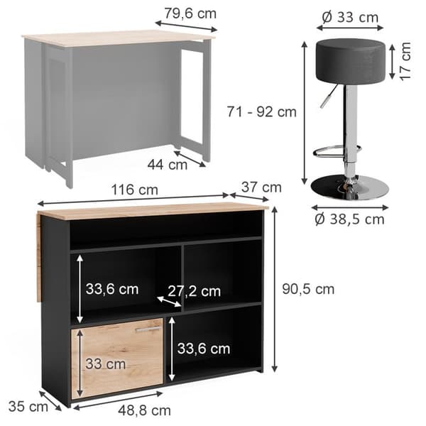Vicco Dominic Barbordsset, Golden Oak, 116 x 37 cm med 2 barstolar