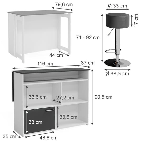 Vicco Dominic Barbordsset, antracit/vit, 116 x 37 cm med 2 barstolar