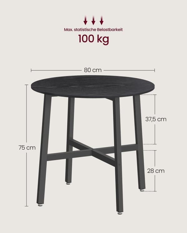 Rootz Rundt Spisebord - Spånplade Stål - Moderne Bord - 80cm D, 75cm H - Ebony Black-Ink Black - 10,8kg - 100 kg Kapacitet