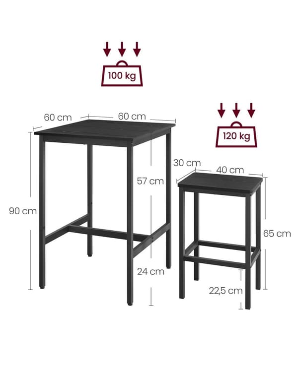 Rootz-baaripöytäsetti - Bistropöytäsetti - Pubin pöytä ja tuolit - Lastulevy ja teräs - 60 cm x 60 cm x 90 cm - 30 cm x 40 cm x 65 cm - 19,1 kg