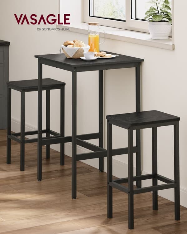 Rootz-baaripöytäsetti - Bistropöytäsetti - Pubin pöytä ja tuolit - Lastulevy ja teräs - 60 cm x 60 cm x 90 cm - 30 cm x 40 cm x 65 cm - 19,1 kg