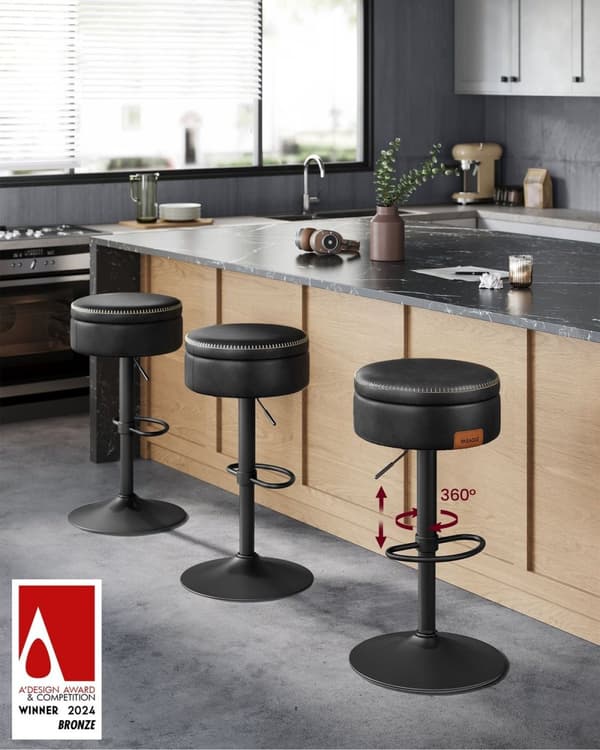 Rootz Barstol - Bordskammel - Drejelig skammel - Komfortabel siddeplads - 41 cm x 41 cm x (61,5-81 cm) - Blæk sort