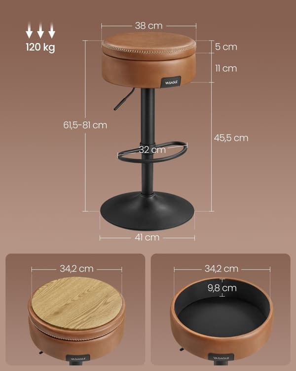 Rootz Barstol - Køkkentaburet - Stol i bordhøjde - Kunstlæder - 41 cm x 41 cm x (61,5-81 cm) - Stålstel - 7,4 kg - 120 kg Max belastning