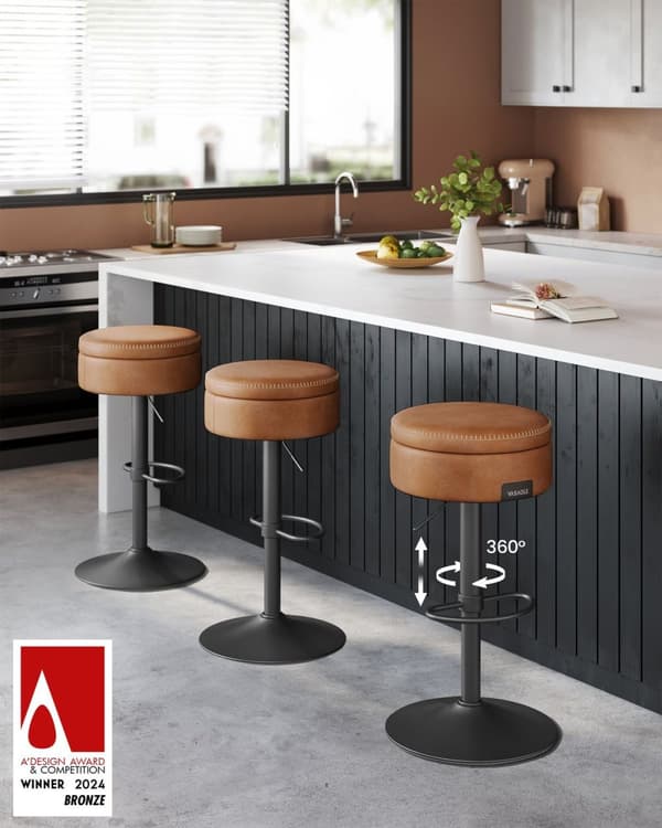 Rootz Barstol - Køkkentaburet - Stol i bordhøjde - Kunstlæder - 41 cm x 41 cm x (61,5-81 cm) - Stålstel - 7,4 kg - 120 kg Max belastning