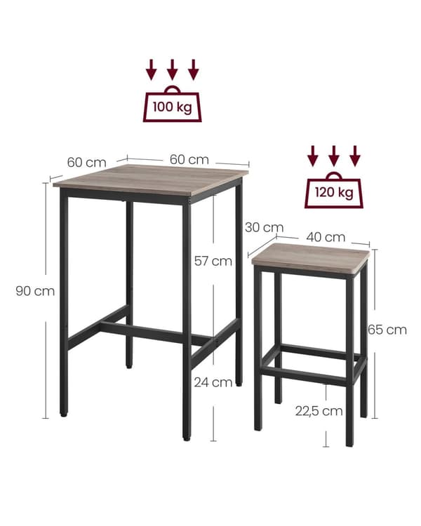Rootz barbordsset - Greige fläckigt bläck svart - spånskiva stål - bistro pallar - hög lastkapacitet - 60 cm x 60 cm x 90 cm
