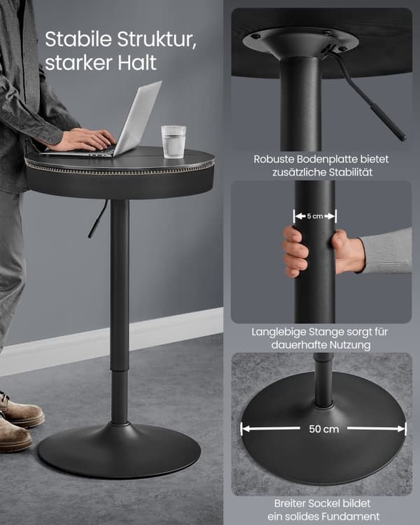 Rootz-baaripöytä - Pubipöytä - Bistropöytä - Teräsrunko - PU-nahkainen toppi - 58,7 cm x 58,7 cm x (83-105) cm - Ebony Black-Ink Black