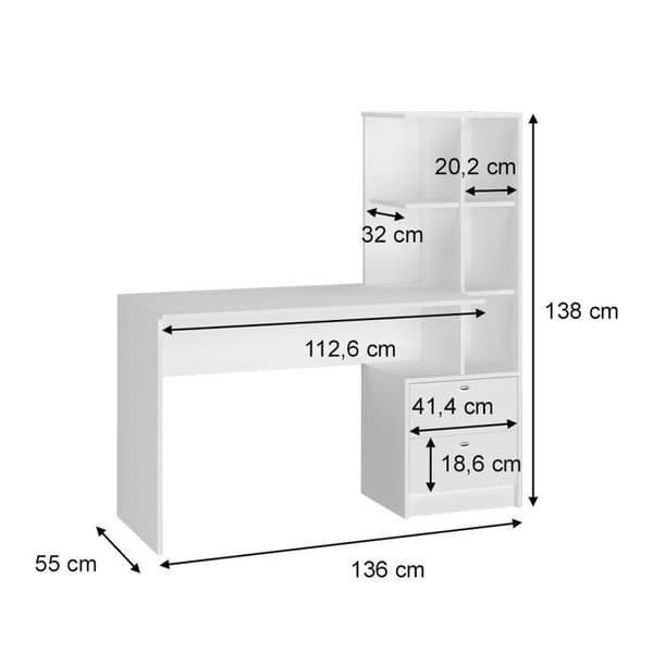 Denton matbord, 136 x 55 cm med 2 lådor, Vit, Vicco
