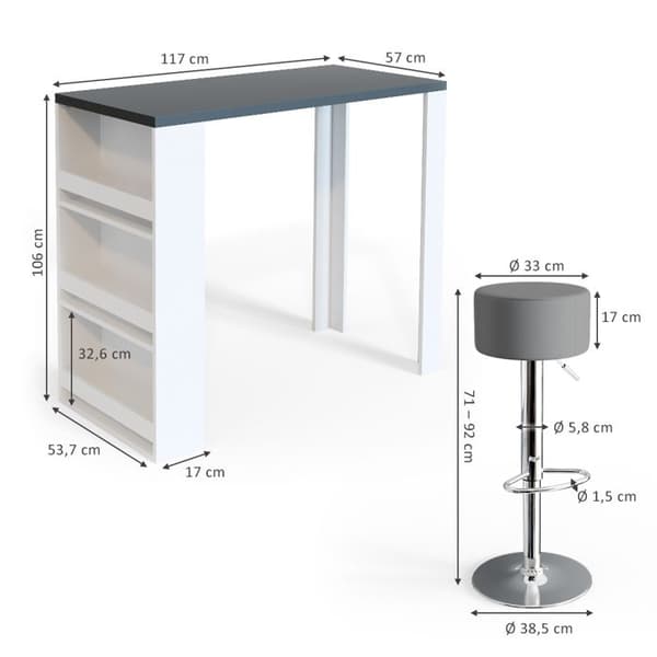 Vicco Bar bordsset, Grå, 117 x 57 cm med 2 barstolar