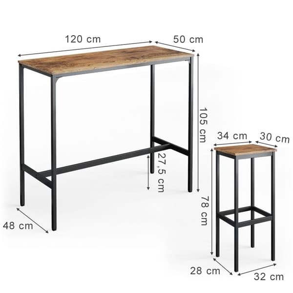 Vicco Fyrk barbordsset, Rustik ek, 120 x 50 cm med 2 barstolar