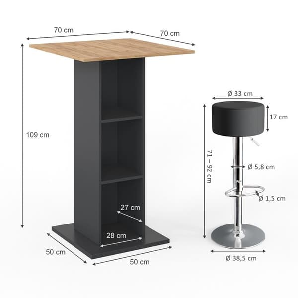 Vicco Rodeo barbordsset, antracit, 70 x 70 cm med 2 barstolar