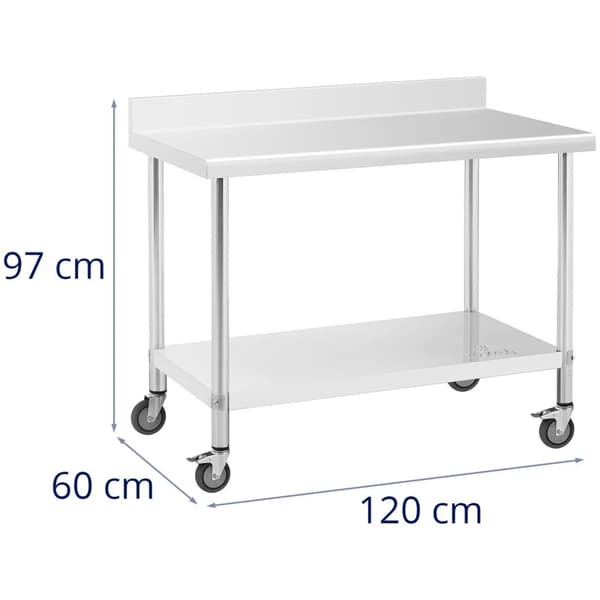 Bord, væghængt bordplade med kant, på hjul, 1 hylde, 120 x 60 cm, op til 158 kg