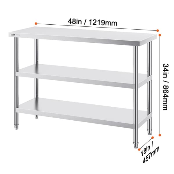 Rustfrit Stål Madforberedelsesbord, Holdbar Konstruktion, Justerbare Underskabe,18 x 48 tommer