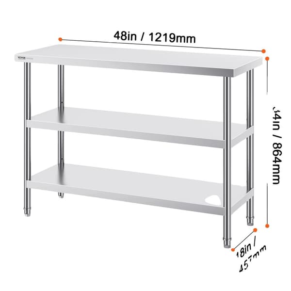 Rustfrit Stål Madforberedelsesbord, Holdbar Konstruktion, Justerbare Underskabe,18 x 48 tommer