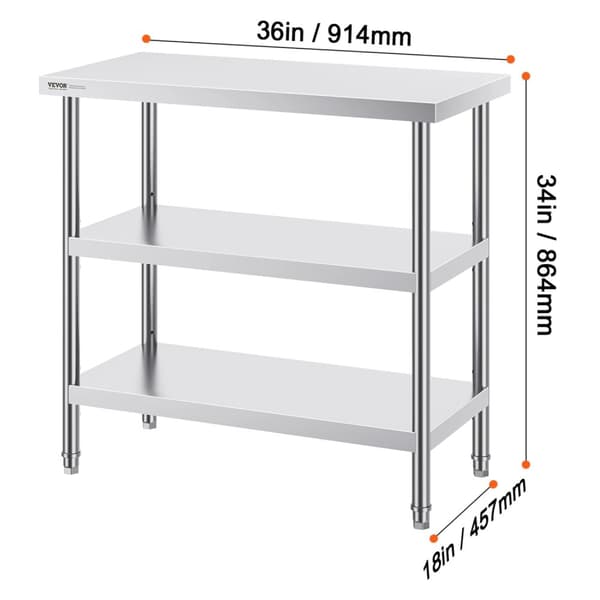Rustfrit Stål Madforberedelsesbord, Holdbar Konstruktion, Justerbare Underskabe,18 x 48 tommer