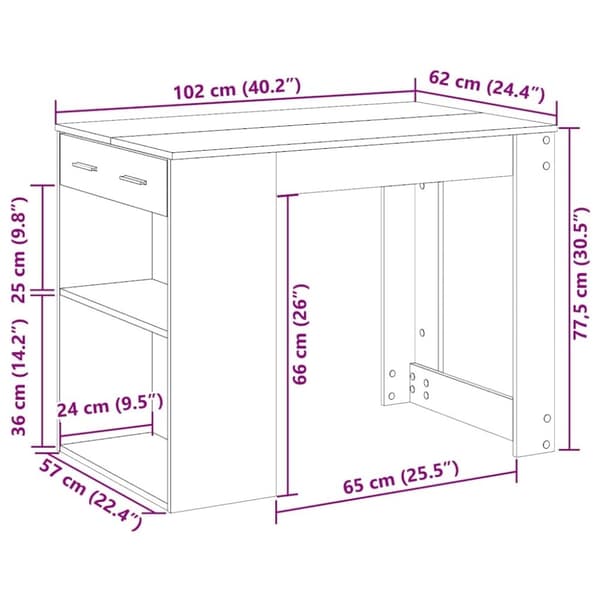 vidaXL skrivebord med skuffe og hylde 102x62x77,5cm røget egetræsfarve