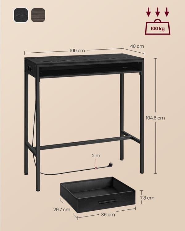 Rootz-baaripöytä latausasemalla - Viihdeteline - Työpöytä - Ebony Black - Lastulevy ja teräs - 40 cm x 99,8 cm x 104,6 cm - 19,6 kg