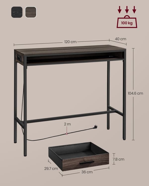 Rootz Barbord med Skuffe - Pubbord - Opbevaringsbord - Spånplade og stål - 40 cm x 120 cm x 104,6 cm - Askbrun