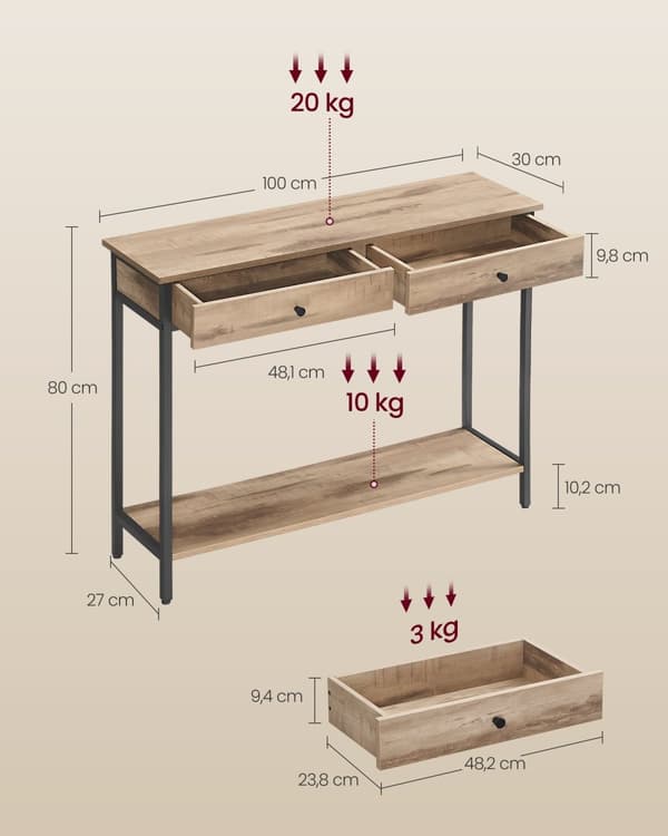 Konsoletbord med 2 skuffer-camel brunt blæk sort