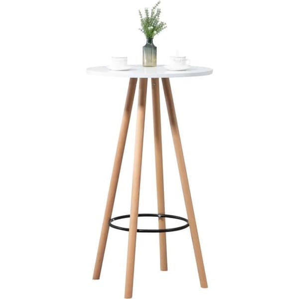 Livia High Bar-bord med rund skiva och träben Metallfotstöd, Natur - Vit