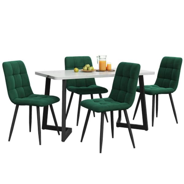 Matbord 117 cm med 4 stolar, rektangulärt bord, stolar i mörkgrön sammet, svarta ben.