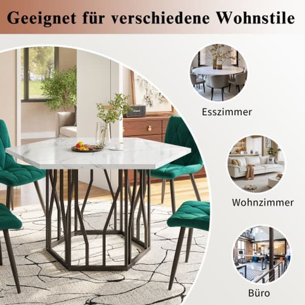 Modern hexagon marble dining table + 4 black velvet dining chairs for a cozy atmosphere