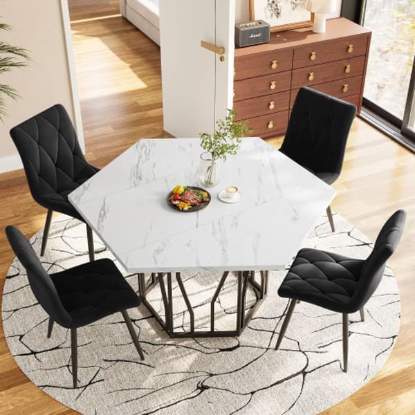 Modern hexagon marble dining table + 4 black velvet dining chairs for a cozy atmosphere