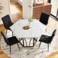 Miniatyrbild 2 av 6: Modern hexagon marble dining table + 4 black velvet dining chairs for a cozy atmosphere