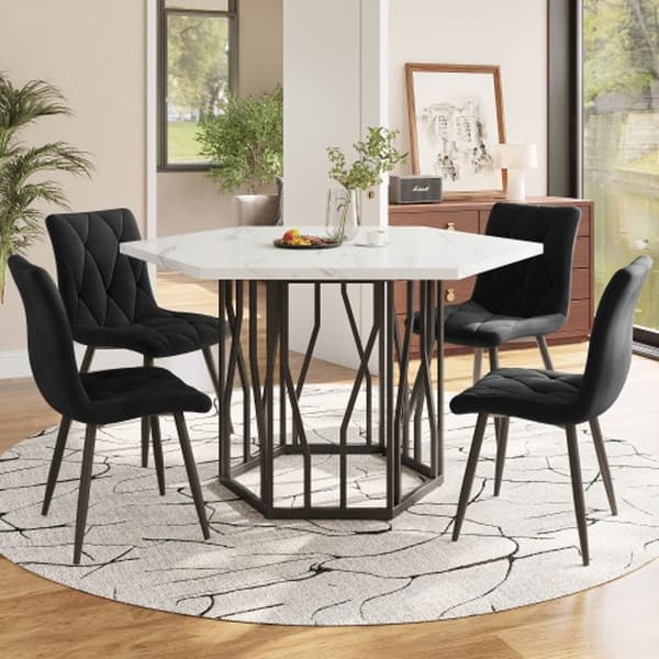 Modern hexagon marble dining table + 4 black velvet dining chairs for a cozy atmosphere