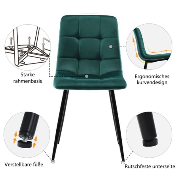 Rektangulärt matbord, köksbord, matstolar i mörkgrön sammet, gyllene ben.