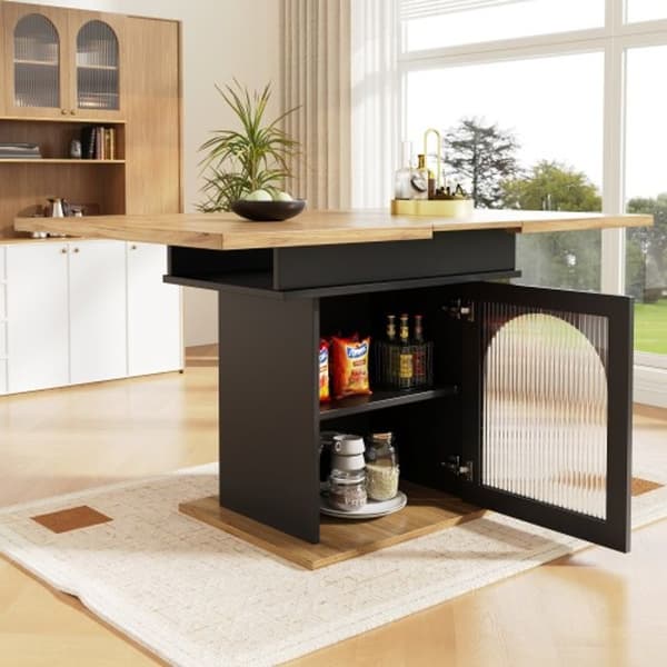Utökningsbar matbord, matbord med tre förvaringsskåp, naturlig färg + svart