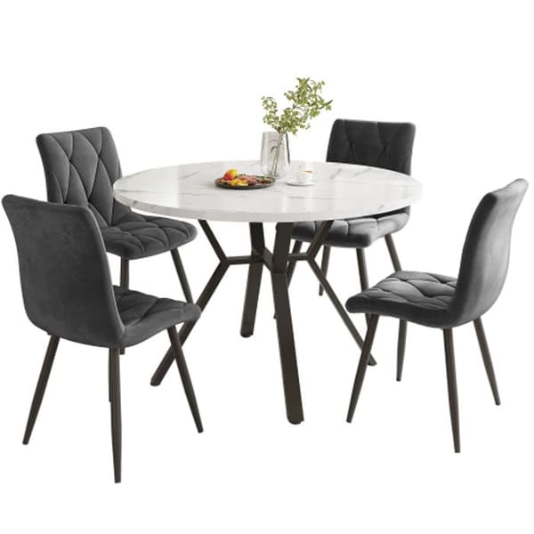 Ensemble bord och stolar (5 delar), ben i svart metall + 4 ergonomiska stolar i grå mocka