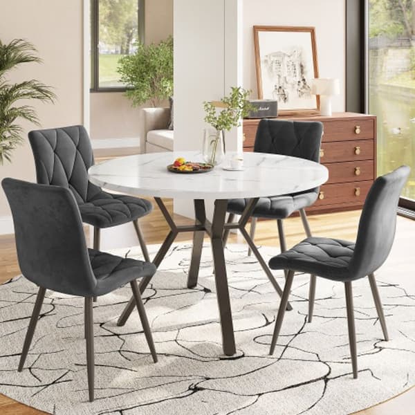 Ensemble bord och stolar (5 delar), ben i svart metall + 4 ergonomiska stolar i grå mocka