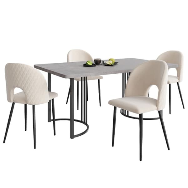 Ensemble matbord, (bord 140x 80 cm med 4 stolar), justerbara ben, beige sammets, grå MDF-skiva, svarta ben.