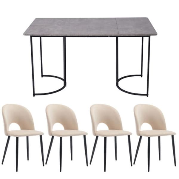 Ensemble matbord, (bord 140x 80 cm med 4 stolar), justerbara ben, beige sammets, grå MDF-skiva, svarta ben.