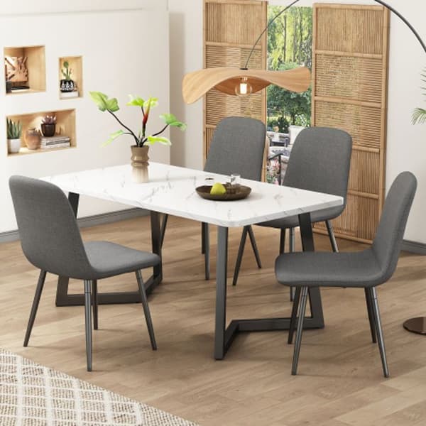 Modern köksbord och 4 stolar, moderna matsalsstolar med ryggstöd, metallben, grå linnetyg, svarta ben