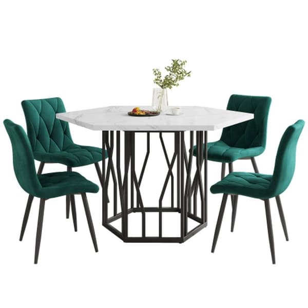 Modern hexagonal marble dining table + 4 green velvet dining chairs