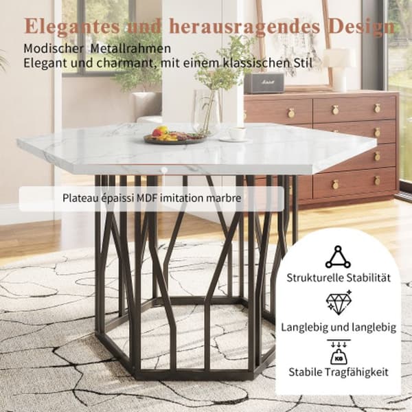 Modern hexagonal marble dining table + 4 green velvet dining chairs