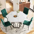 Miniatyrbild 2 av 6: Modern hexagonal marble dining table + 4 green velvet dining chairs