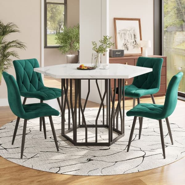Modern hexagonal marble dining table + 4 green velvet dining chairs